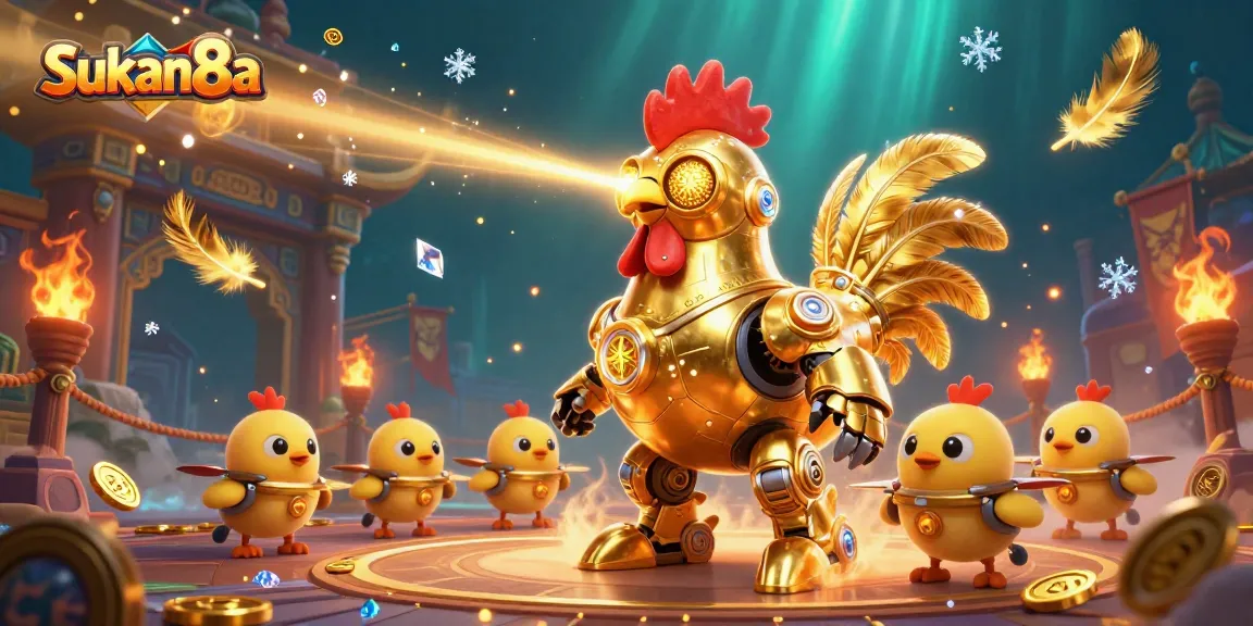 Sukan8a showcases a dynamic scene with a golden rooster robot and baby chick drones in an exciting casino illustration.