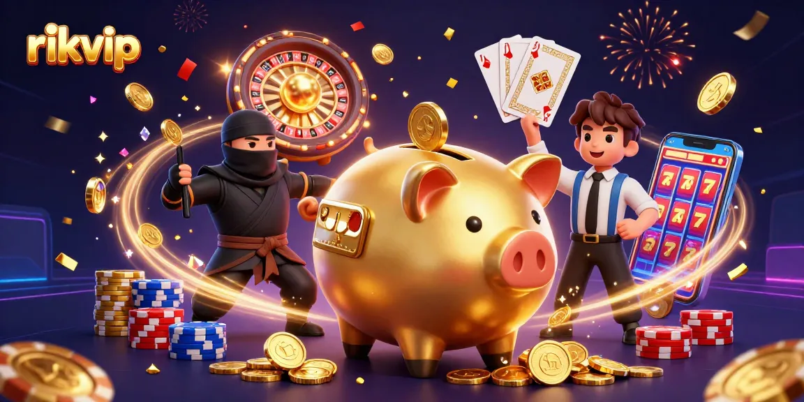 Experience the thrilling action of rikvip with a dynamic casino scene featuring a sumo wrestler, ninja, and samurai amidst cascading coins.