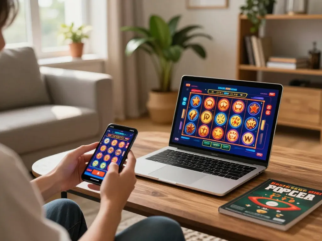 Player spinning SLOT reels on smartphone in a cozy home gaming setup with strategy notes