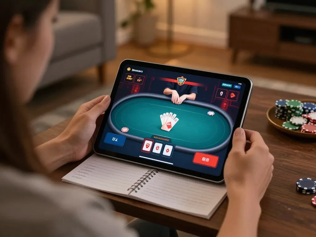 RR88 player strategizing during an online poker game at home with a tablet