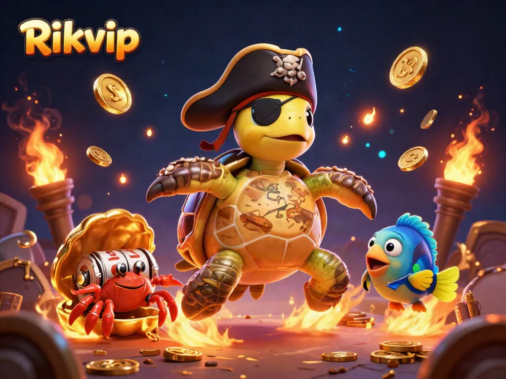 Engage with Rikvip's dynamic gambling adventure featuring a pirate turtle and colorful sea friends.