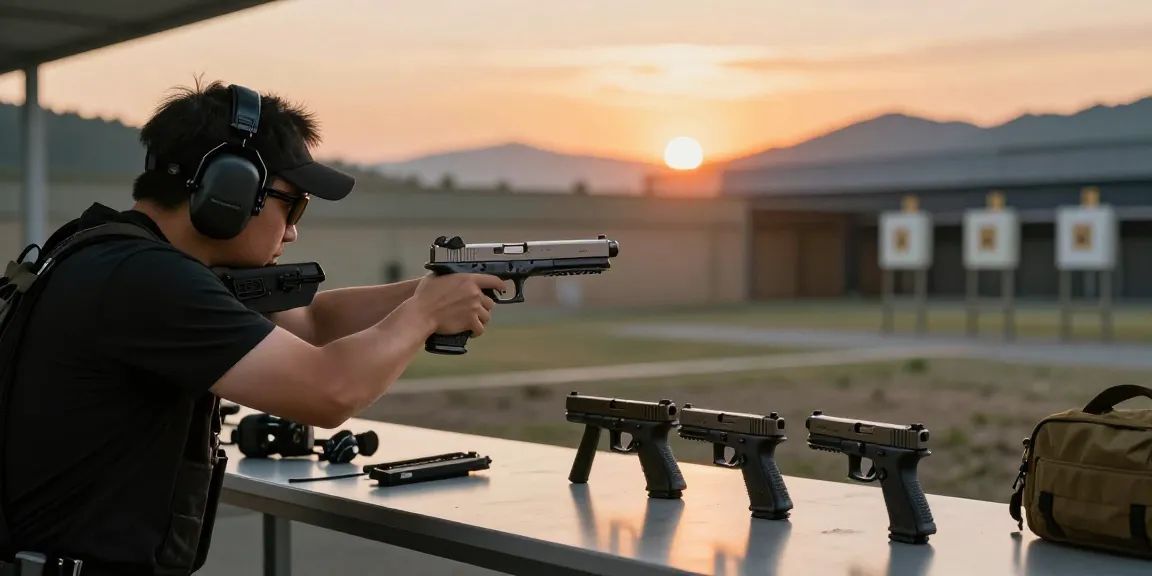 Gun enthusiast aiming a precision Glock slide at a shooting range, showcasing https://precisionglockslides.com's custom craftsmanship.