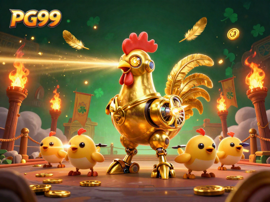 Engage with PG99's electrifying casino action featuring a golden rooster robot.