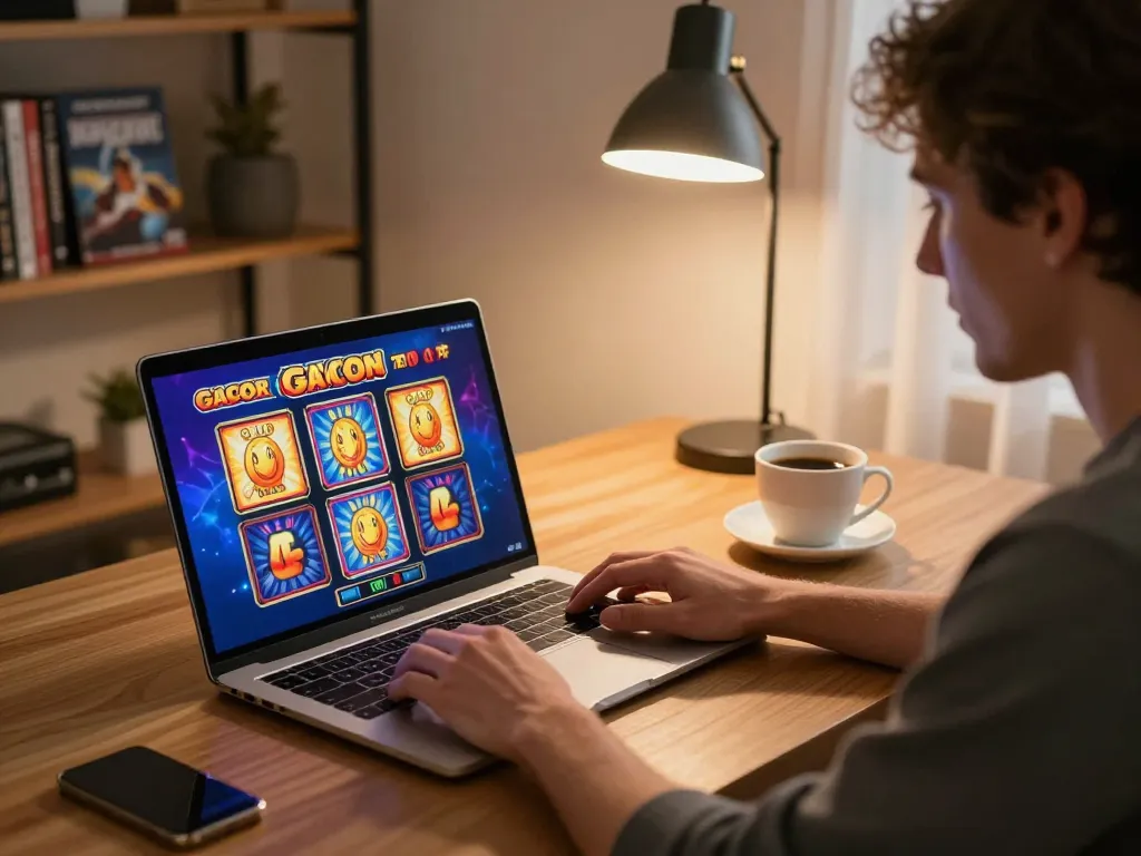 Pemain yang terlibat dengan permainan slot gacor di laptop di rumah, menunjukkan permainan yang fokus