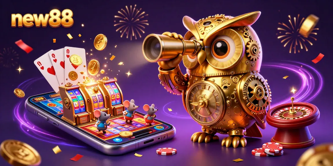 Play exciting games at new88 with an ultra-detailed scene of a casino floor filled with thrilling elements.
