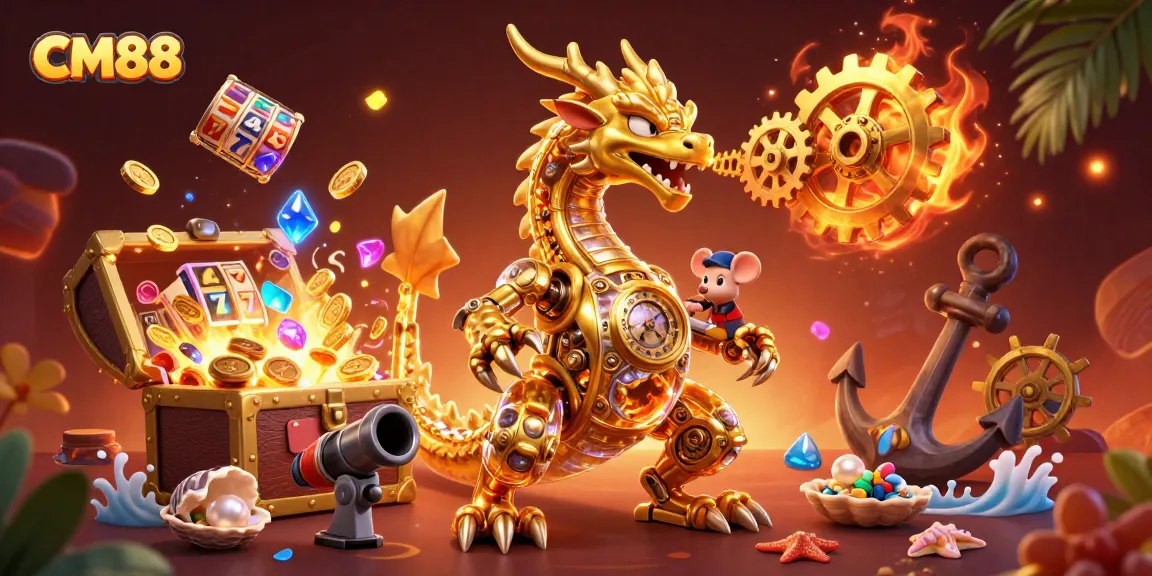 Players immerse in the vibrant CM88 casino experience with golden dragons and treasure.