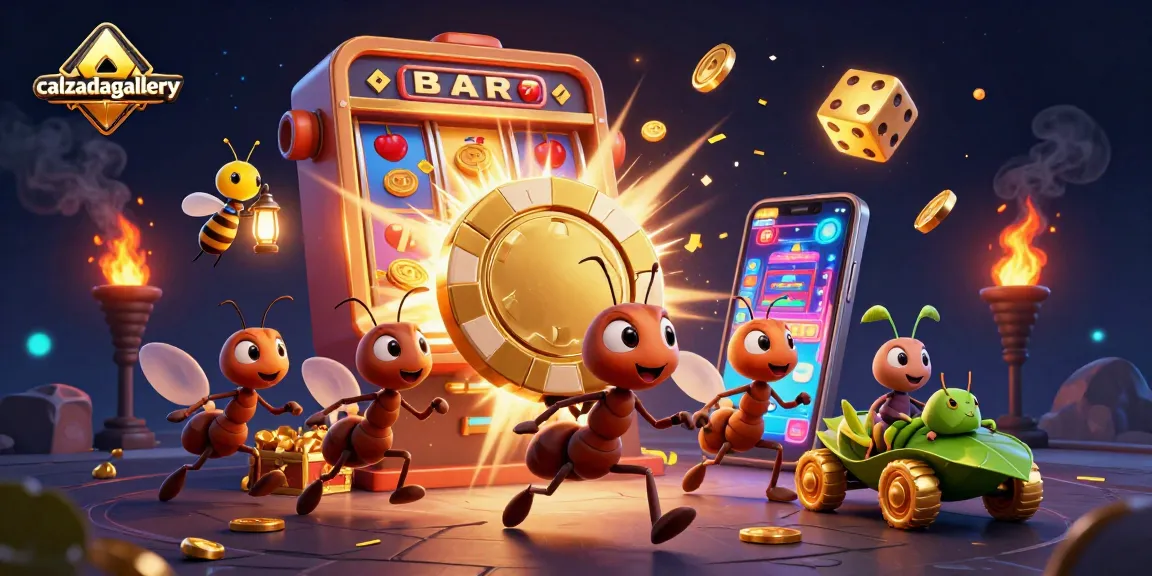 Experience the excitement of calzadagallery's vibrant cartoon heist featuring ants, poker chips, and slot machines.