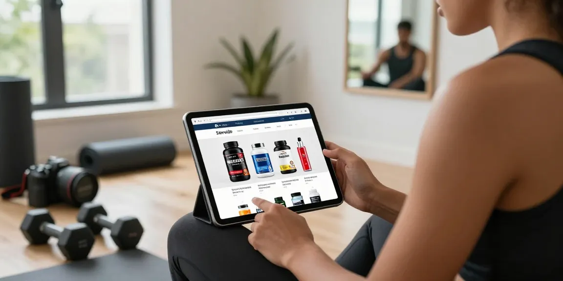 Steroide Boutique online shopping experience in a home gym with athletic individual browsing supplements.