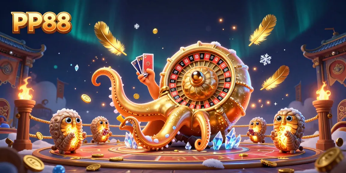 Experience the thrill of PP88 with a giant nautilus roulette wheel and glowing companions in a vibrant casino scene.