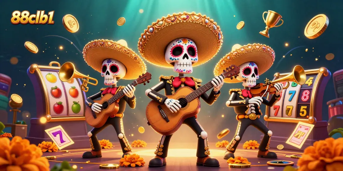 Engage with 88clb1 in a vibrant Day of the Dead casino scene with colorful elements, jackpot reels, and winning opportunities.