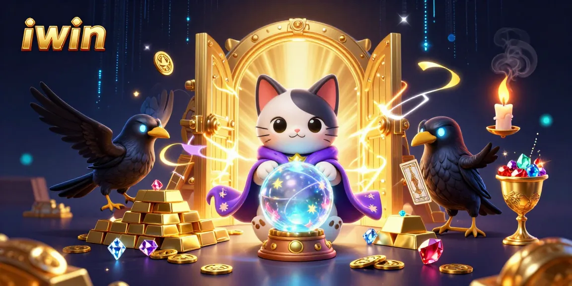 iwin offers an exciting experience with a mystical cat and raven amidst gleaming treasures