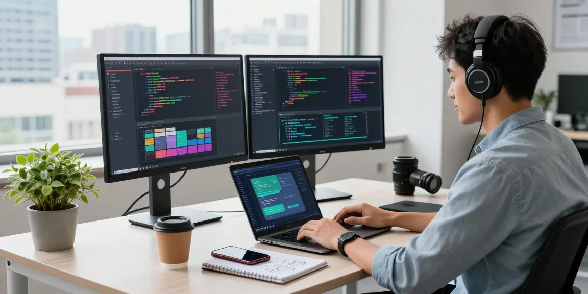 Download WPS Office in a modern workspace with coding interfaces and vibrant tools.