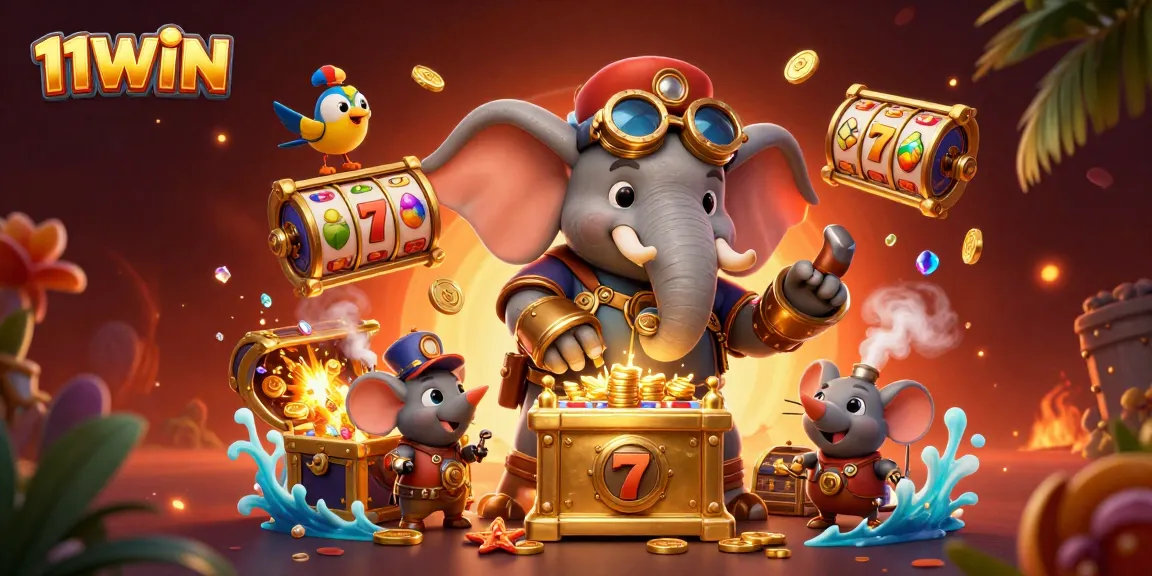 Spin to win with 11WIN: A vibrant 3D illustration featuring a steampunk elephant at a slot machine.