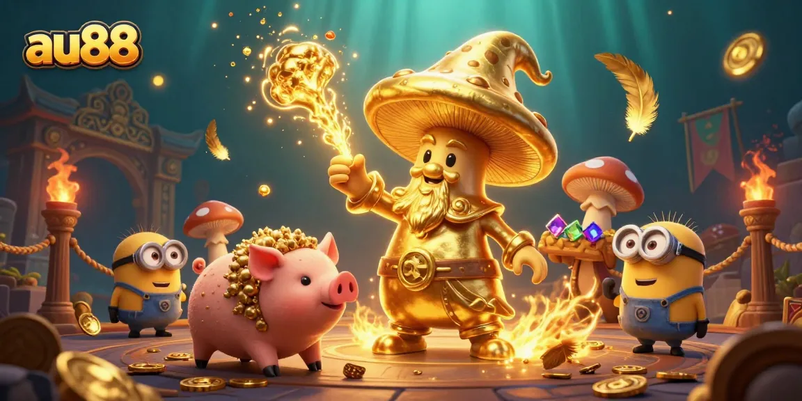 Engage with interactive games at au88, featuring a whimsical golden wizard and treasure-filled adventure.