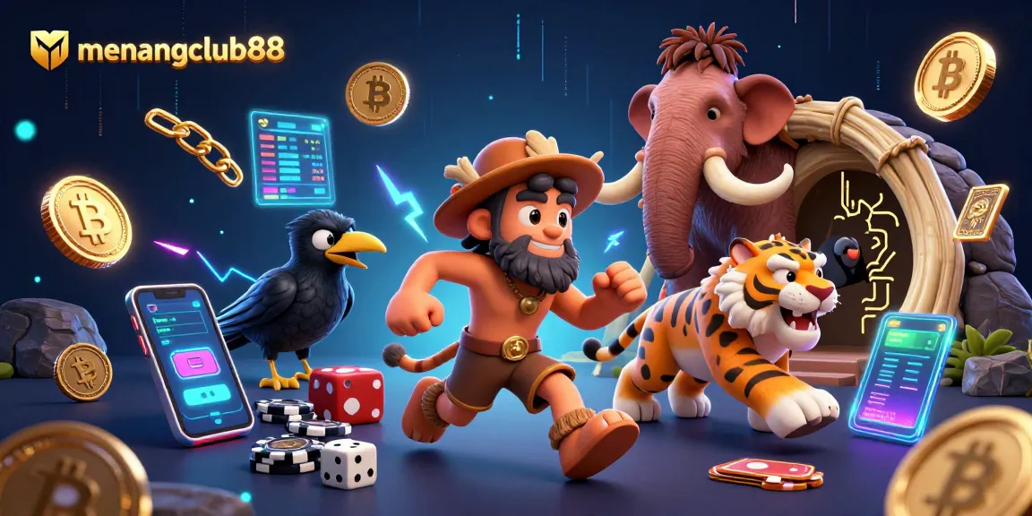 Experience thrilling adventures at menangclub88 with captivating prehistoric casino characters in a 3D scene.