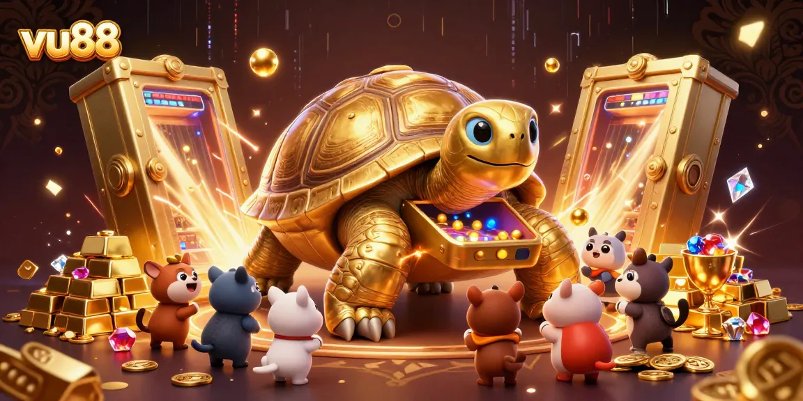 Experience thrilling gameplay at vu88 with a colossal golden tortoise, gem treasures, and exciting casino elements.