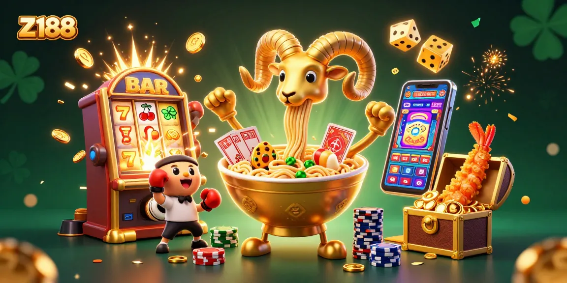 Z188 offers an exhilarating casino experience with a golden ramen bowl dealer and vibrant gaming elements.