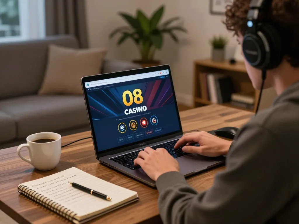 Player engaging intensely with O8 casino on a laptop, showcasing strategic online betting.