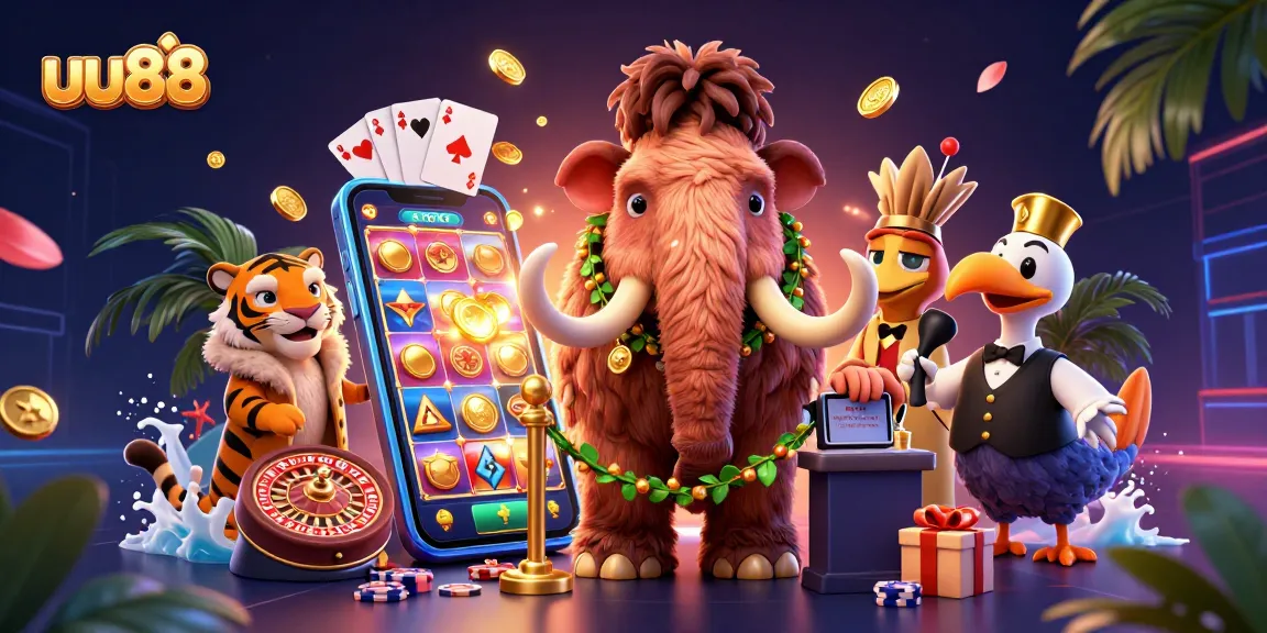 uu88 showcases a vibrant casino scene with a mammoth bouncer and dynamic game elements.