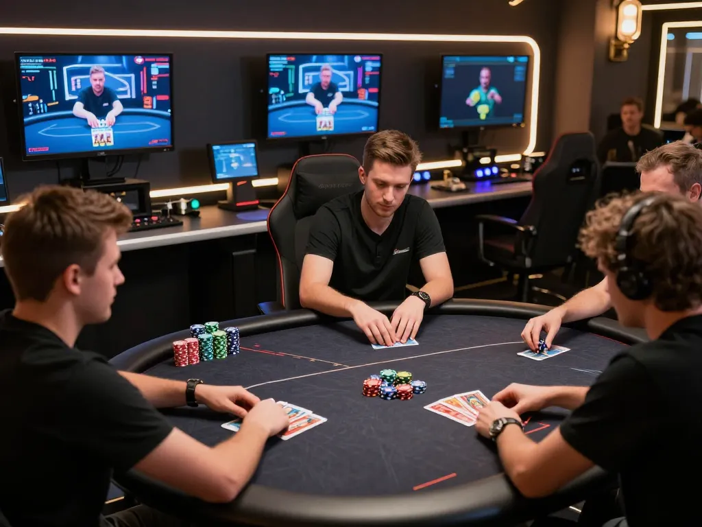 Players strategizing in a professional cm88 online poker setup with multiple screens and luxury decor