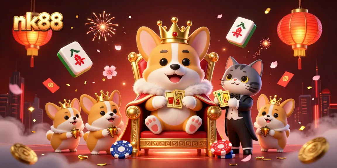 Experience thrilling gameplay at nk88 with a vibrant 3D illustration showcasing decorated corgis in a festive casino atmosphere.