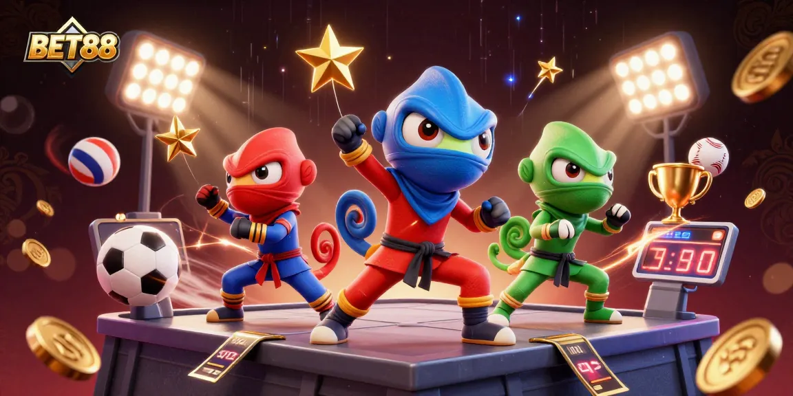 BET88 showcases a colorful chameleon team synchronizing martial arts above sports elements, enhancing excitement.