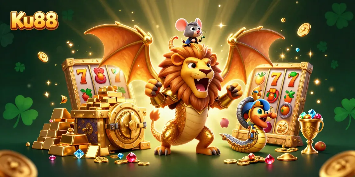 Ku88 casino scene with a golden chimera, treasure vaults, and lively slot reels for gamblers.