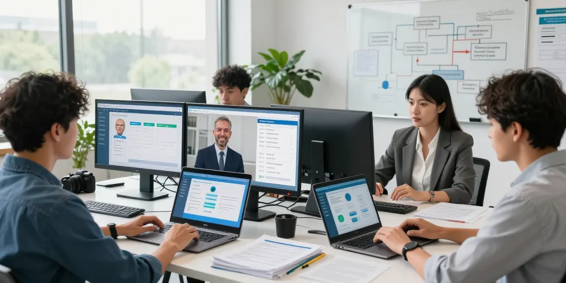 Advanced age verification system in action with team analyzing biometric data in a modern office.