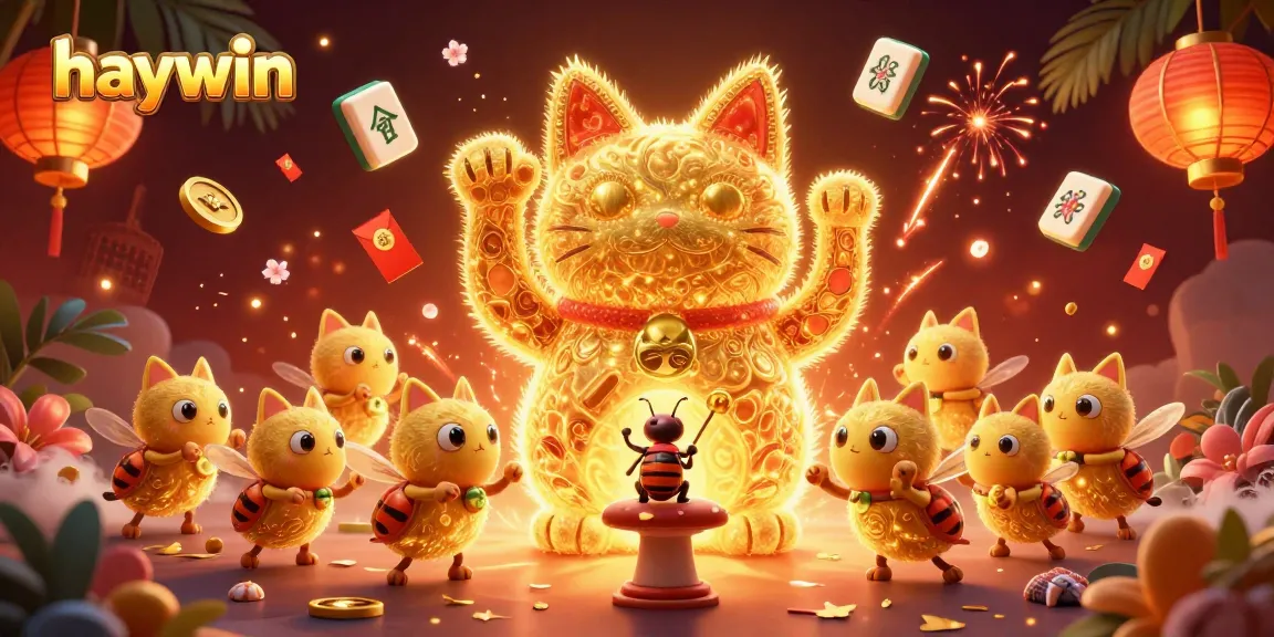 Experience the magic of haywin with the lucky cat and dazzling casino symbols in vibrant 3D art.