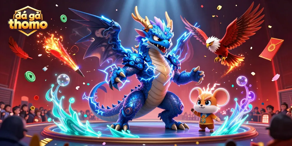 Experience the excitement of đá gà thomo with dynamic characters and vibrant elements in this illustration.