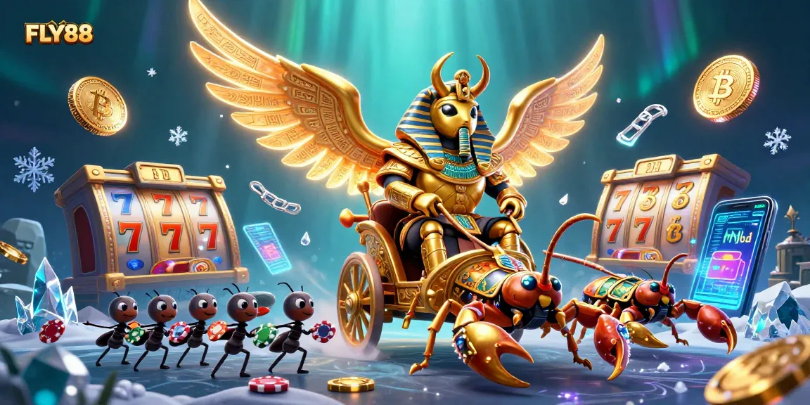 FLY88 offers thrilling slot games with a dynamic golden scarab scene in a vibrant casino atmosphere.