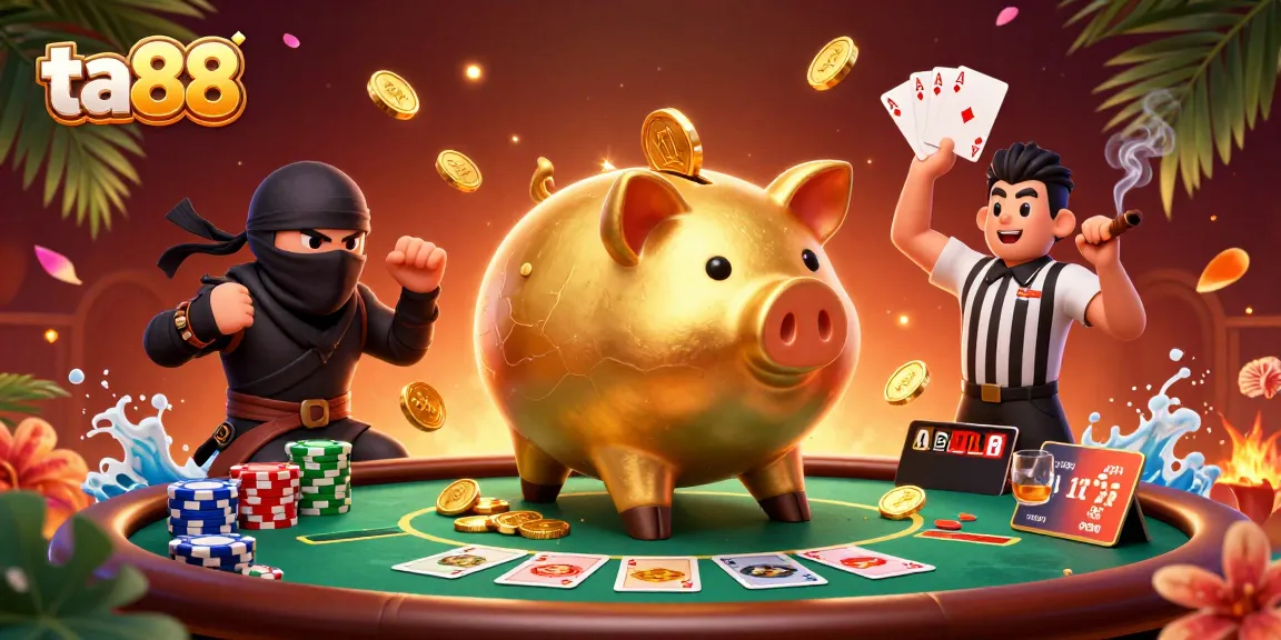 Experience thrilling gameplay with ta88, featuring a golden piggy bank sumo wrestler on a vibrant poker scene.