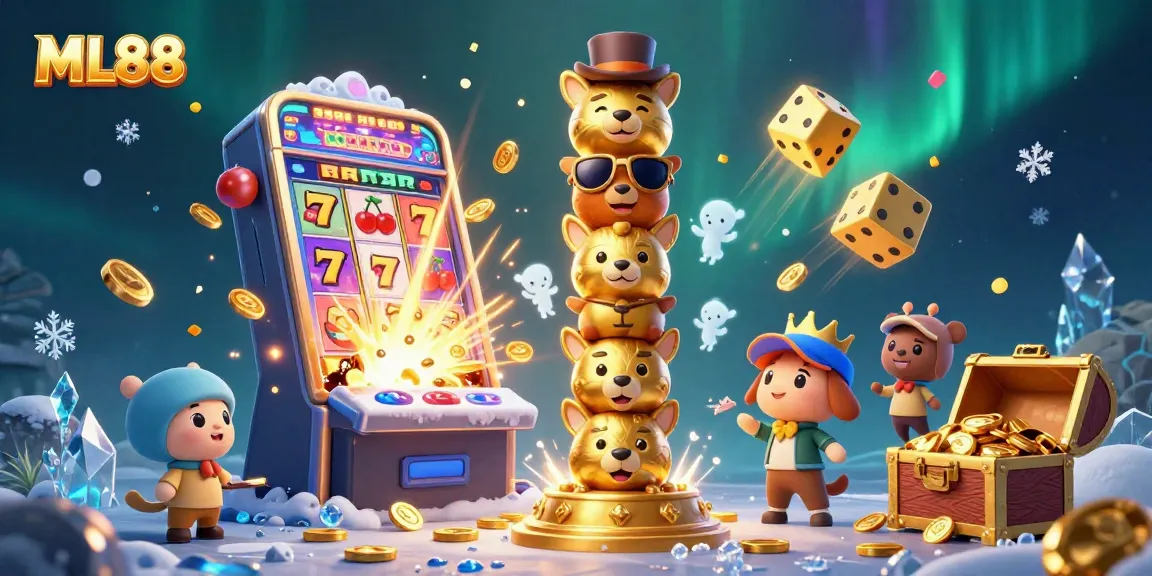 ML88 totem pole surrounded by vibrant casino elements, celebrating gaming excitement and jackpots.