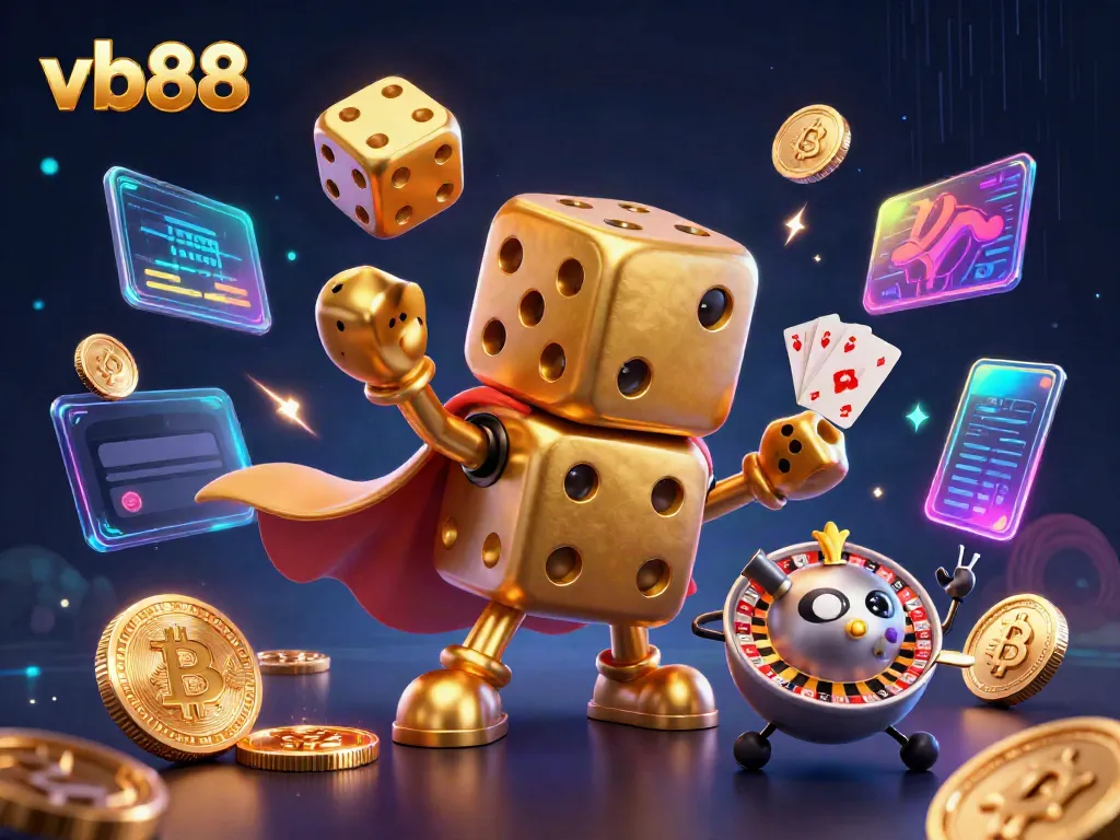 Experience the excitement of vb88 with a dynamic 3D casino illustration, featuring golden dice and crypto elements.