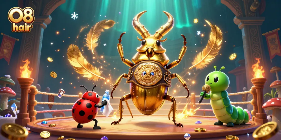 O8 hair showcases a unique 3D casino scene with a giant beetle champion, ladybug corner-man, and vibrant game elements.