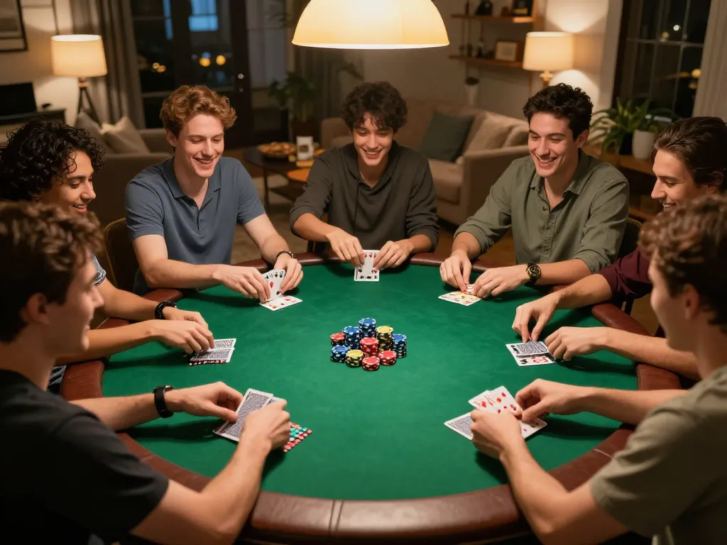 Friends engaging in friendly competition at a poker night featuring JUARA88 gaming strategies.