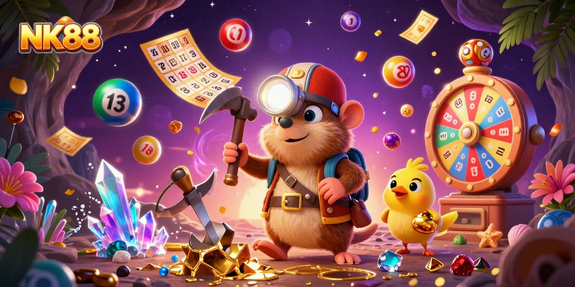 Engage in exciting gameplay at NK88 with colorful lottery elements and a dynamic treasure-hunting scene.