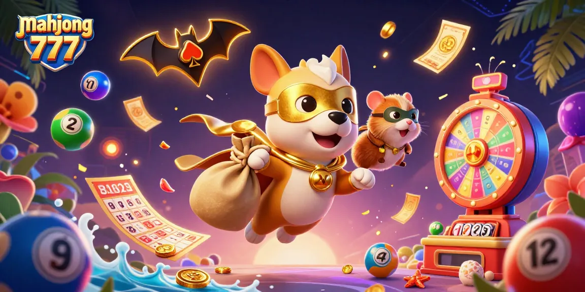 Experience the thrill of Mahjong 777 with a superhero dog and colorful gaming elements in an exciting casino scene.