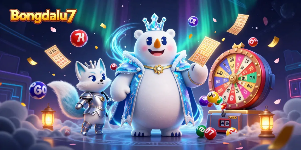 Bongdalu7 showcases a magical scene with a regal ice king polar bear and a snow fox amidst captivating lottery elements.