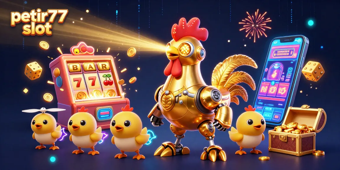 Experience the excitement of the petir777 slot featuring a vibrant golden rooster robot amidst a jackpot explosion.