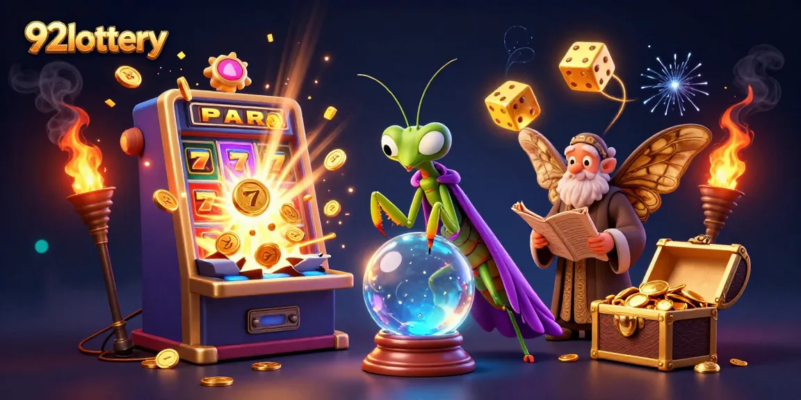 Engage with 92lottery's vibrant gaming atmosphere through a mystical scene filled with fortune tellers and casino wonders.