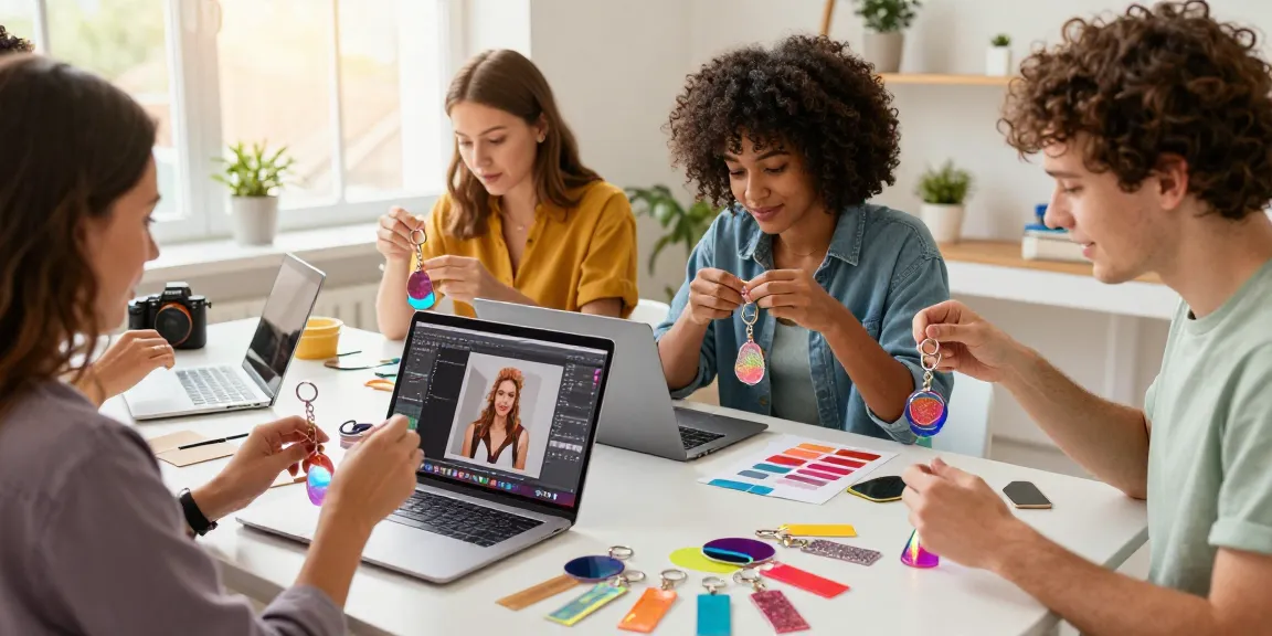 Creating custom keychains in a bright e-commerce workspace with diverse young adults and colourful samples.