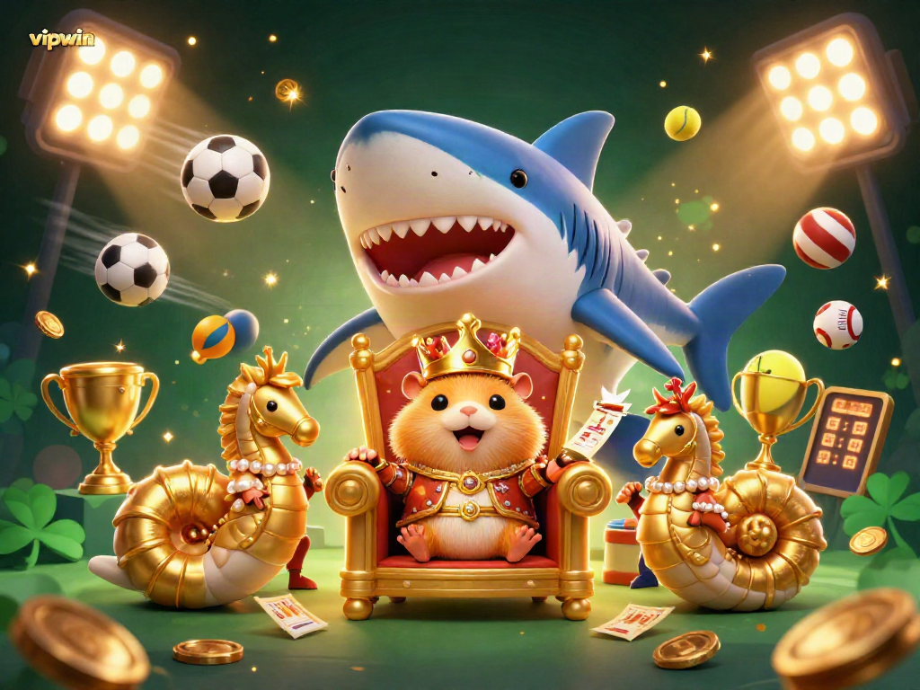 Engage with thrill at vipwin’s casino gaming, featuring an adventurous hamster king on a megalodon tooth throne surrounded by vibrant sports elements.
