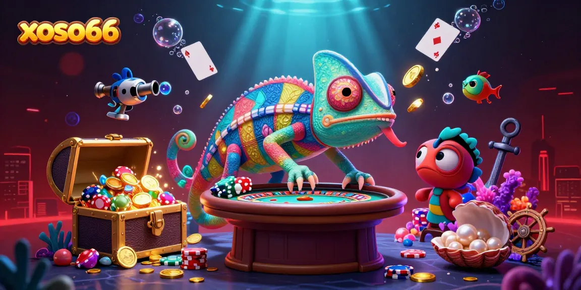 Experience the vibrant world of xoso66 with the lively chameleon casino owner in a dynamic underwater setting.