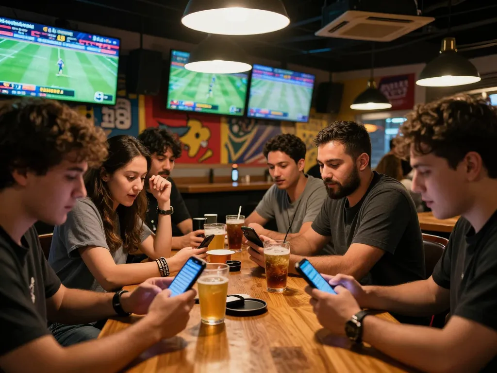 Friends placing bets on keonhacai 88 at lively sports bar with multiple screens and drinks.