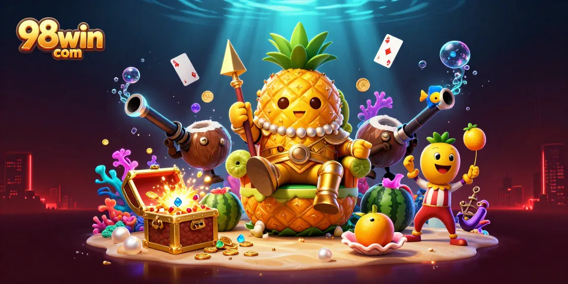 Win big at 98win com with vibrant casino-themed characters and colorful games featured in this lively illustration.