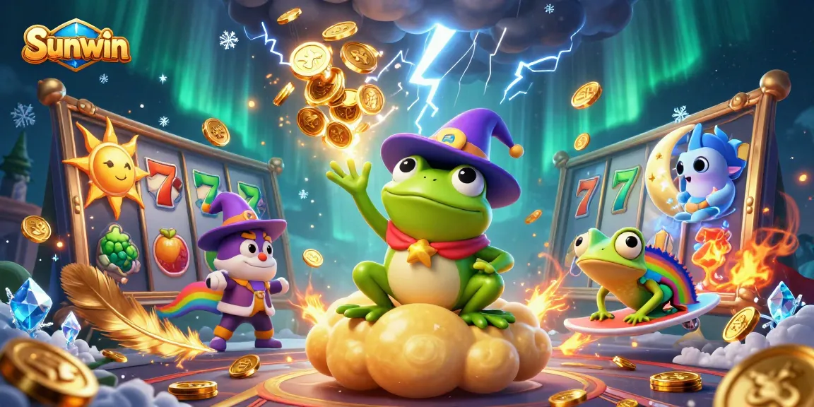 Sunwin slots promotional illustration with a wizard frog and chameleon amidst a wild coin storm.