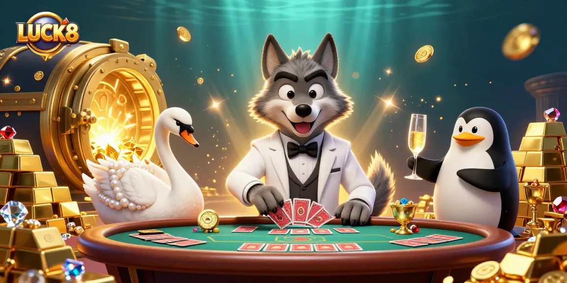 Experience the thrill of LUCK8 in a vibrant casino scene with captivating characters and shimmering prizes.