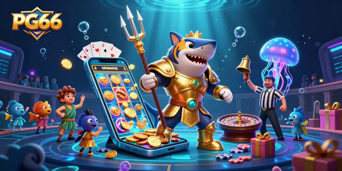 Engage with PG66's thrilling underwater casino world featuring a bold shark and vibrant gaming elements.