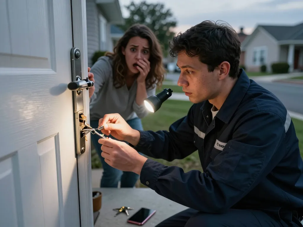 Emergency locksmith Jensen Beach technician repairing a broken lock for a homeowner in need.